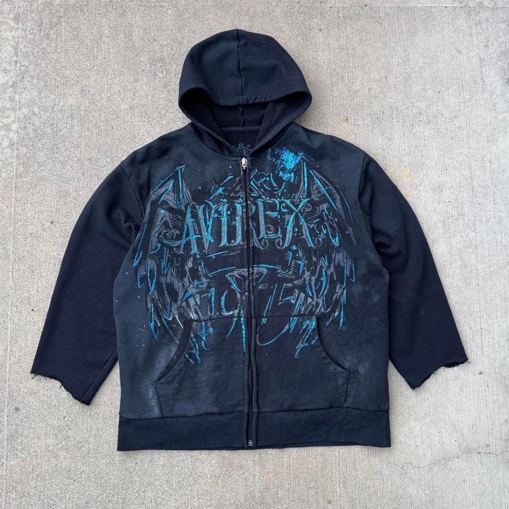 BLACK 00s AVIREX WING GRAPHIC ZIP UP HOODIE